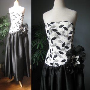 Eugene Alexander Gown Black White Sequined Strapless formal dropped waist